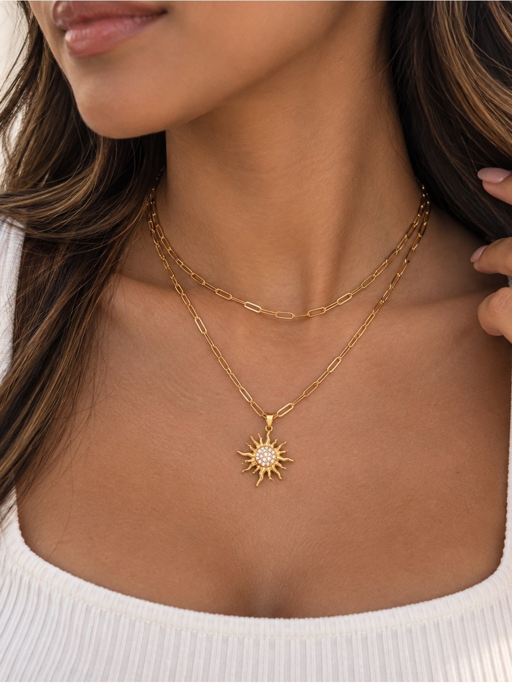 18K Gold Plated Double Layer Sun Pendant Necklace